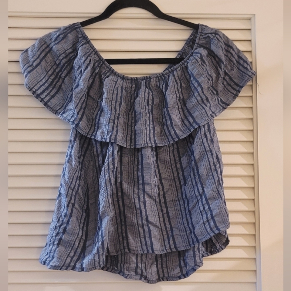 Honey Punch- Light & Dark Blue Lightweight Ruffle Off-Shoulder Top